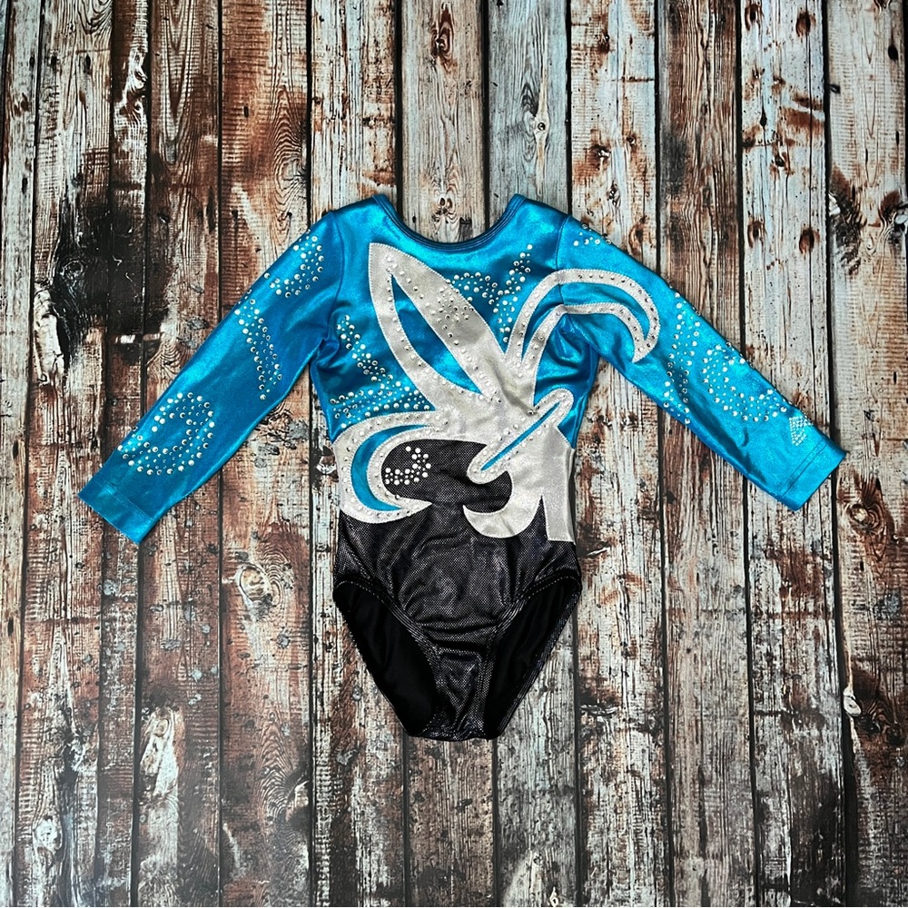 Gymnastics Alpha Factor Blue Black Silver Rhinestone Competition Leotard